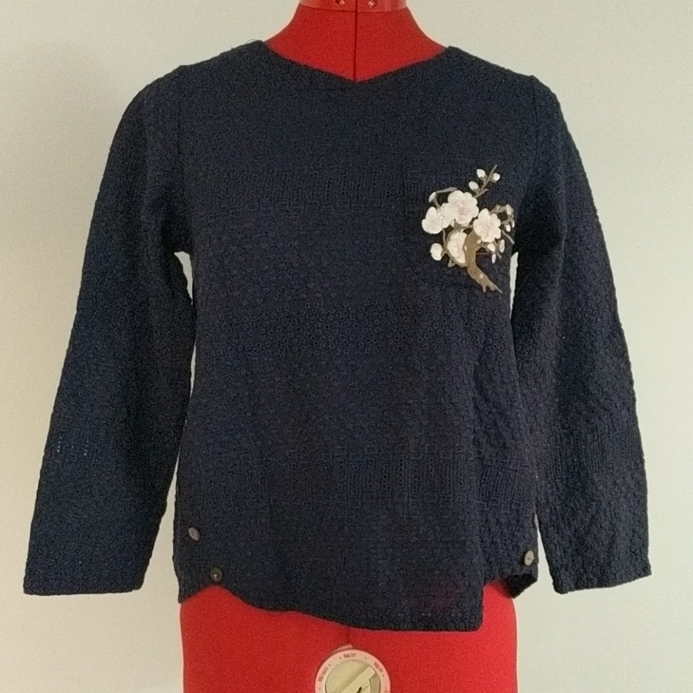 Navy Linen Embroidered Top